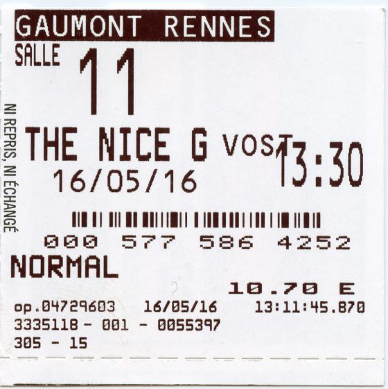 Instead of discussing snacks, the ticket recalls the days of yore, where, like calling The Color of Night 'Color of Nig', we can now forever refer to Nice Guys as 'The Nice G'. That's truncated ticket machine!